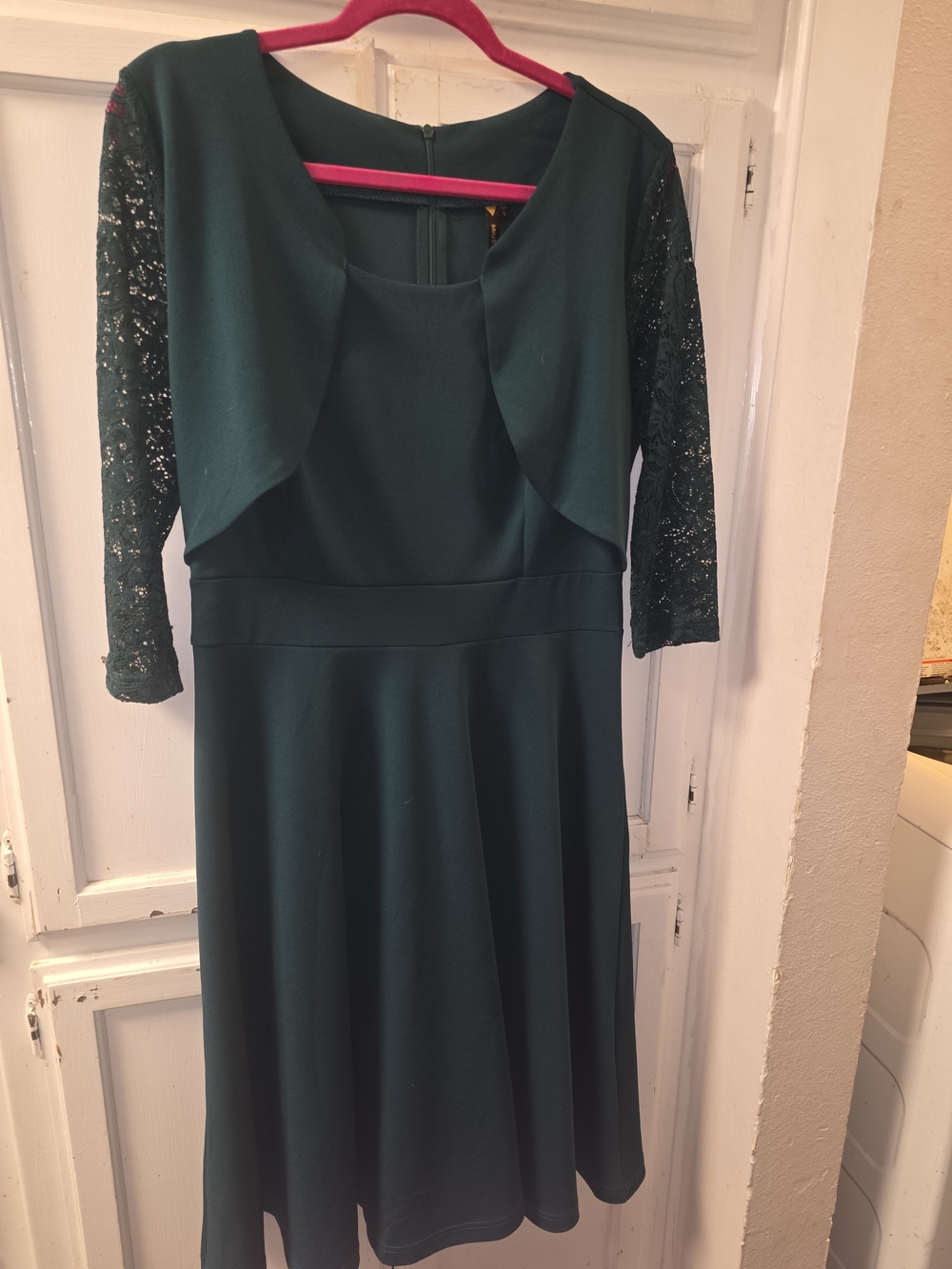 Miusol Dark Green Lace Sleeve Fit-and-Flare Dress